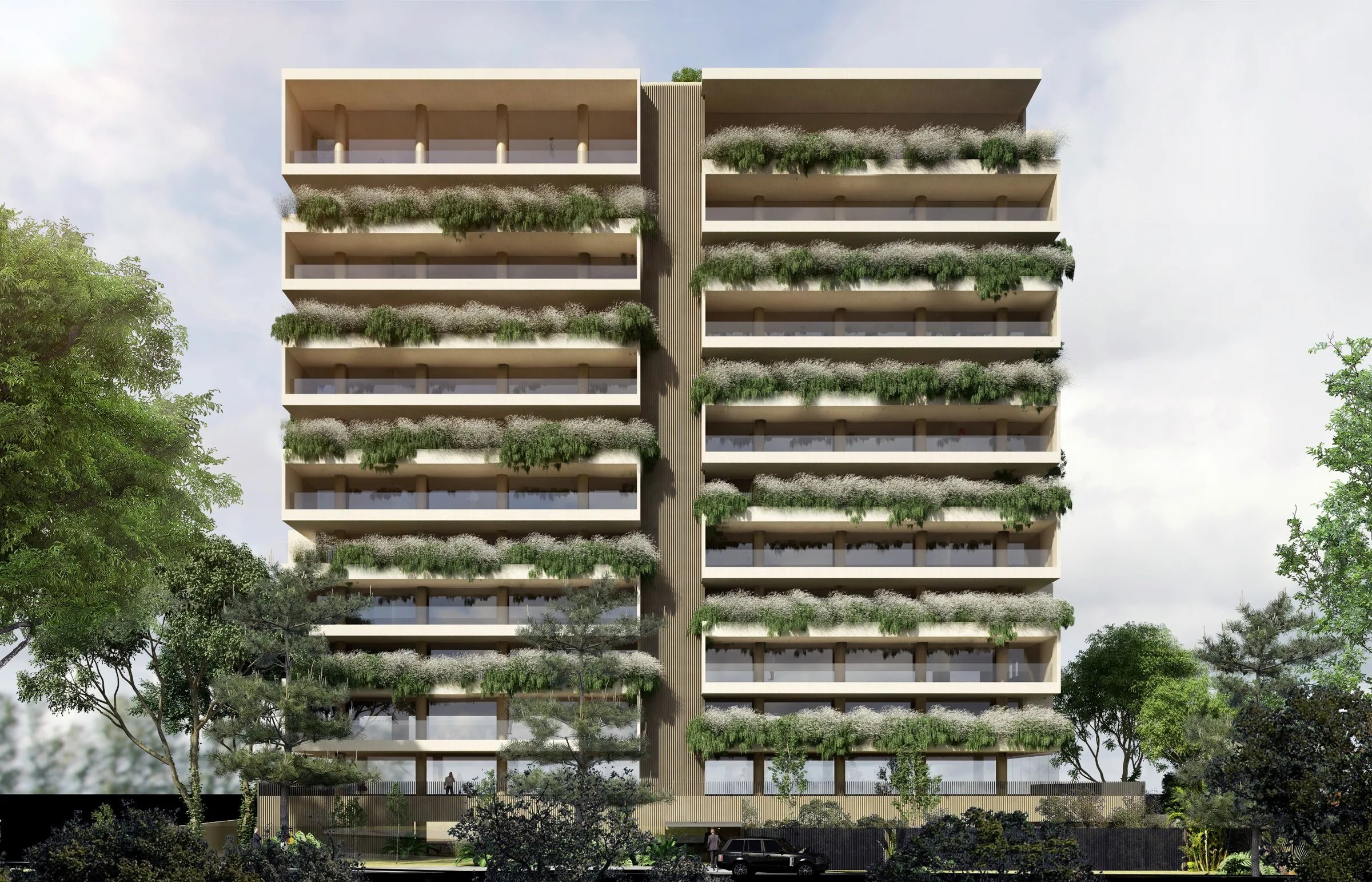 Luciana 250 — fachada com varandas ajardinadas vista da rua